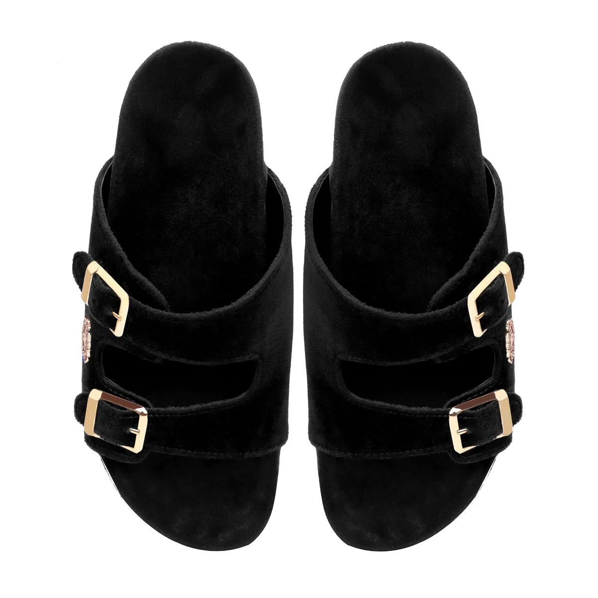 Adjustable Buckle Black Velvet Slippers