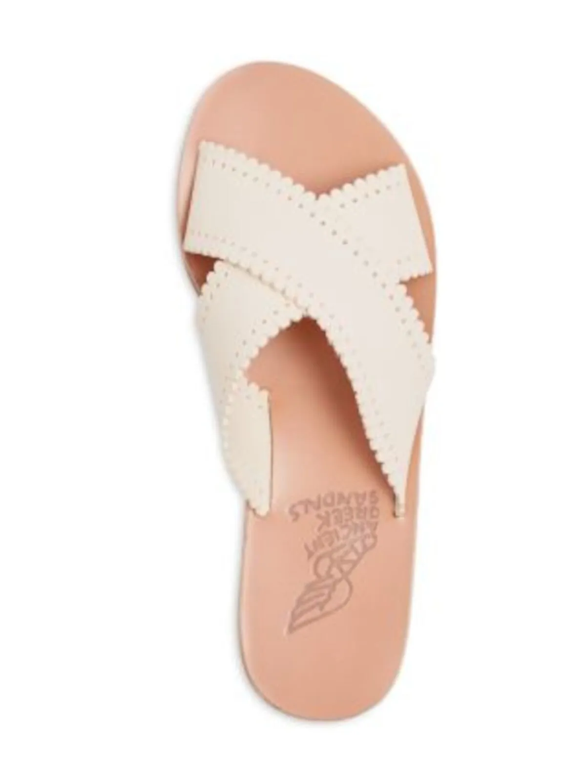 ANCIENT GREEK SANDALS Womens Ivory Scalloped Perforated Philourgos Round Toe Slip On Leather Slide Sandals Shoes