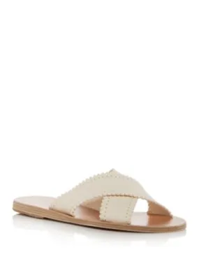 ANCIENT GREEK SANDALS Womens Ivory Scalloped Perforated Philourgos Round Toe Slip On Leather Slide Sandals Shoes