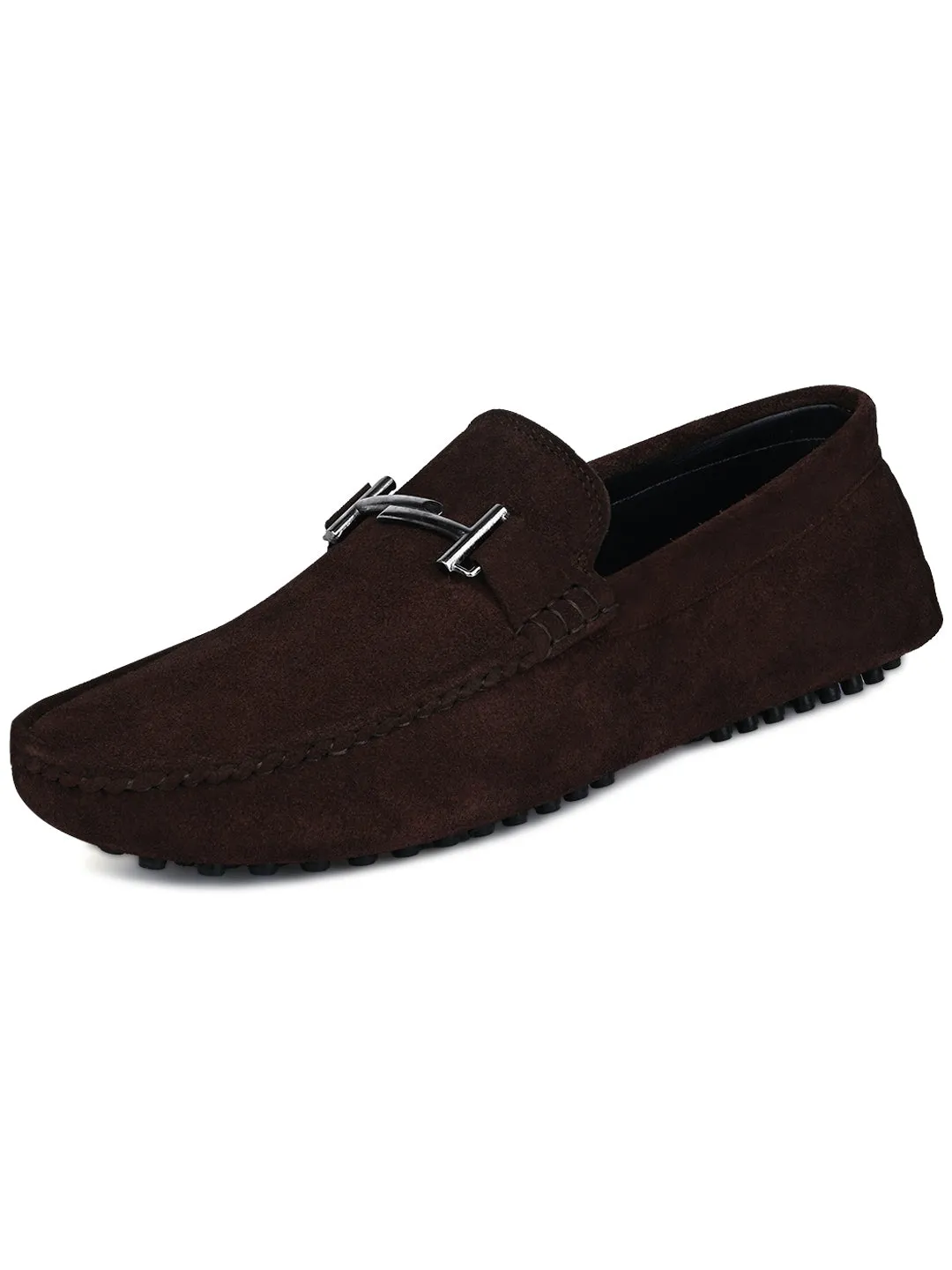 Brunette Brown Handmade Italian Suede Leather Penny Loafers with Designer Buckle