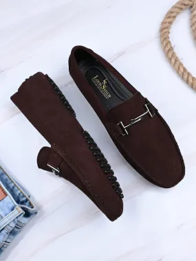 Brunette Brown Handmade Italian Suede Leather Penny Loafers with Designer Buckle