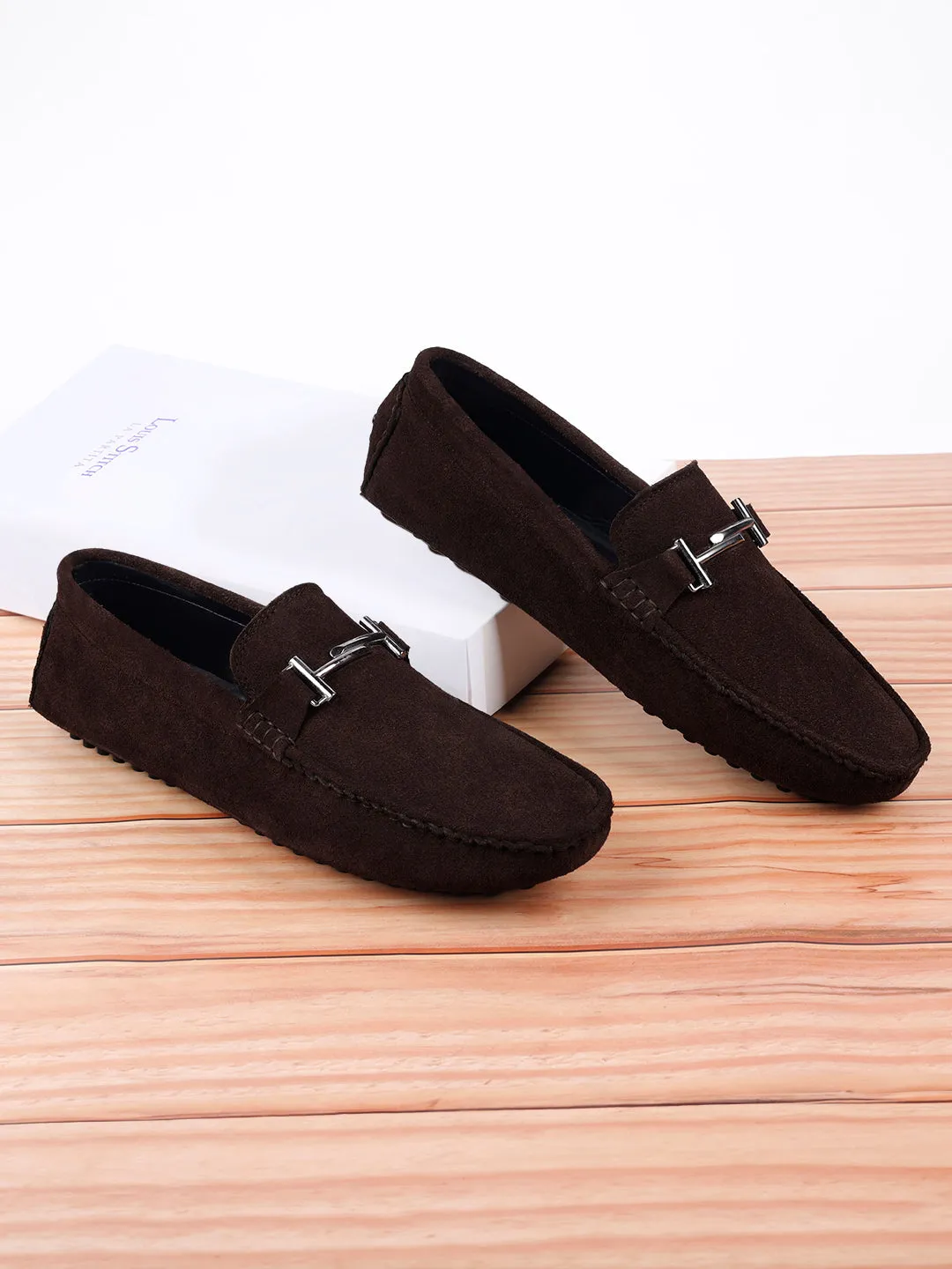 Brunette Brown Handmade Italian Suede Leather Penny Loafers with Designer Buckle
