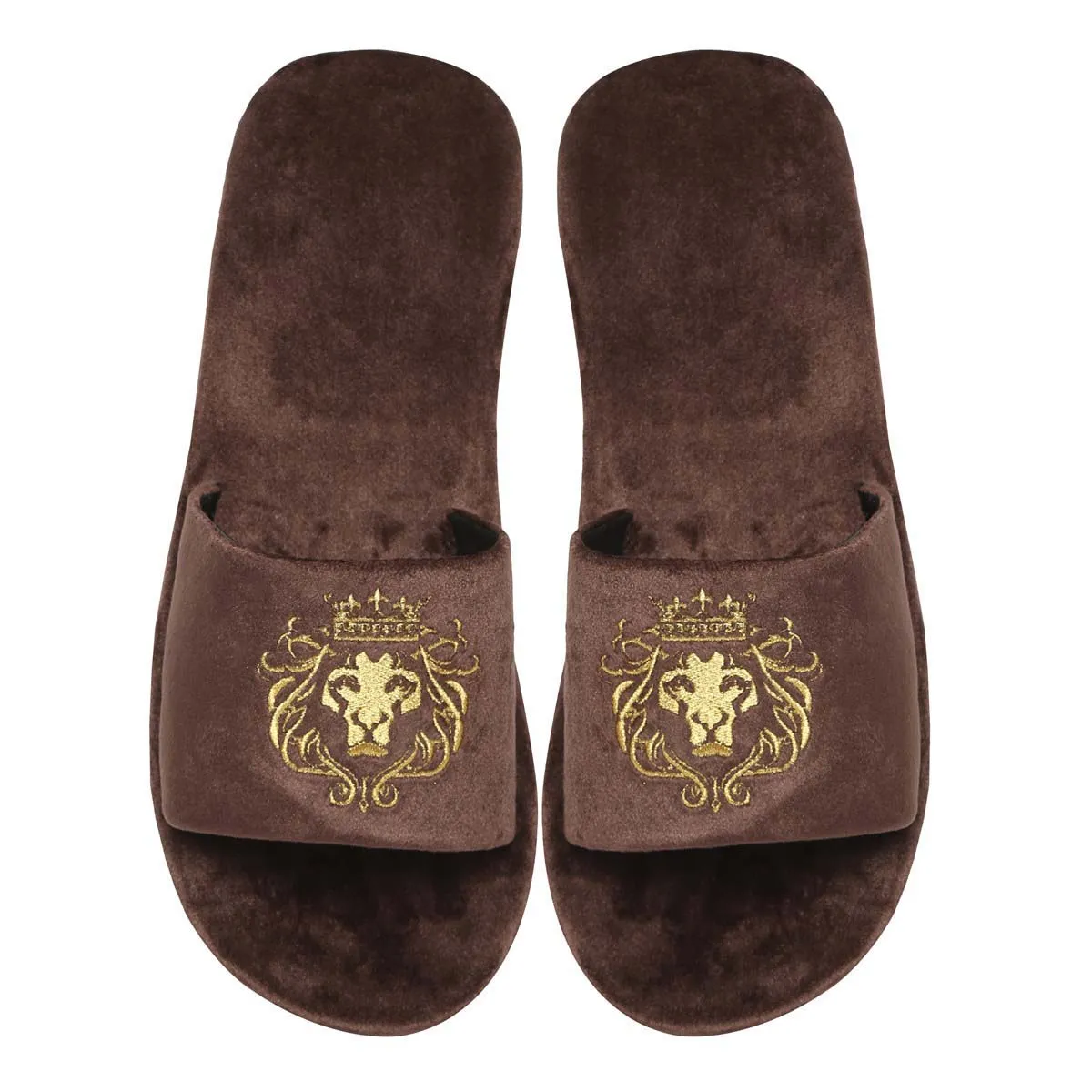 Dark Brown Two Tone Full Velvet Lion Embroidery Slippers By Brune & Bareskin
