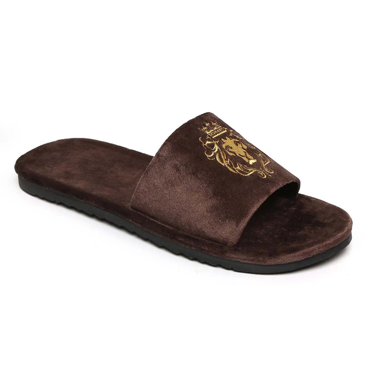 Dark Brown Two Tone Full Velvet Lion Embroidery Slippers By Brune & Bareskin