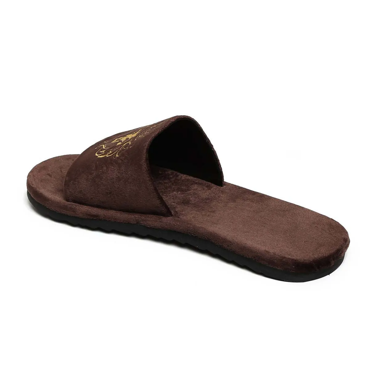 Dark Brown Two Tone Full Velvet Lion Embroidery Slippers By Brune & Bareskin