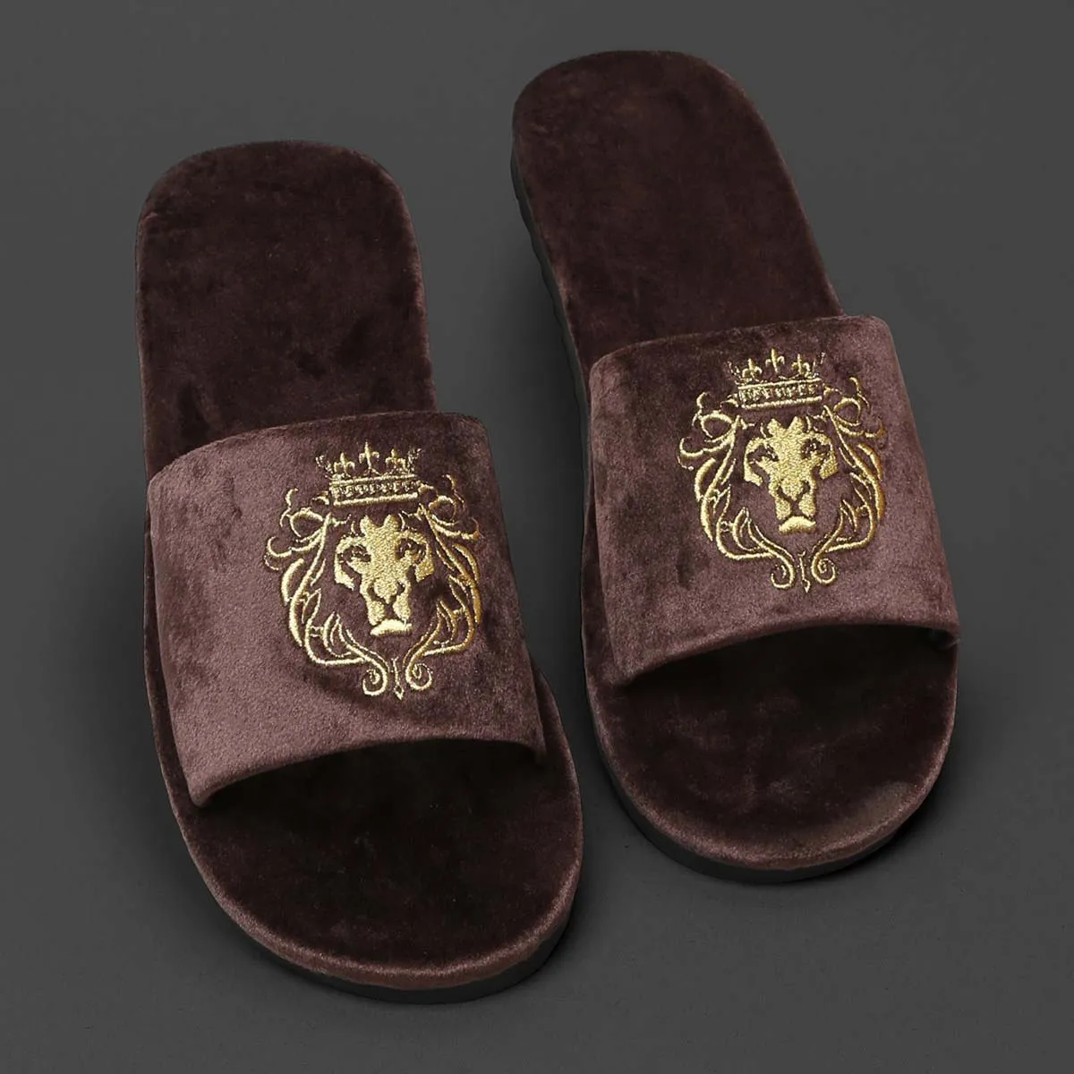 Dark Brown Two Tone Full Velvet Lion Embroidery Slippers By Brune & Bareskin