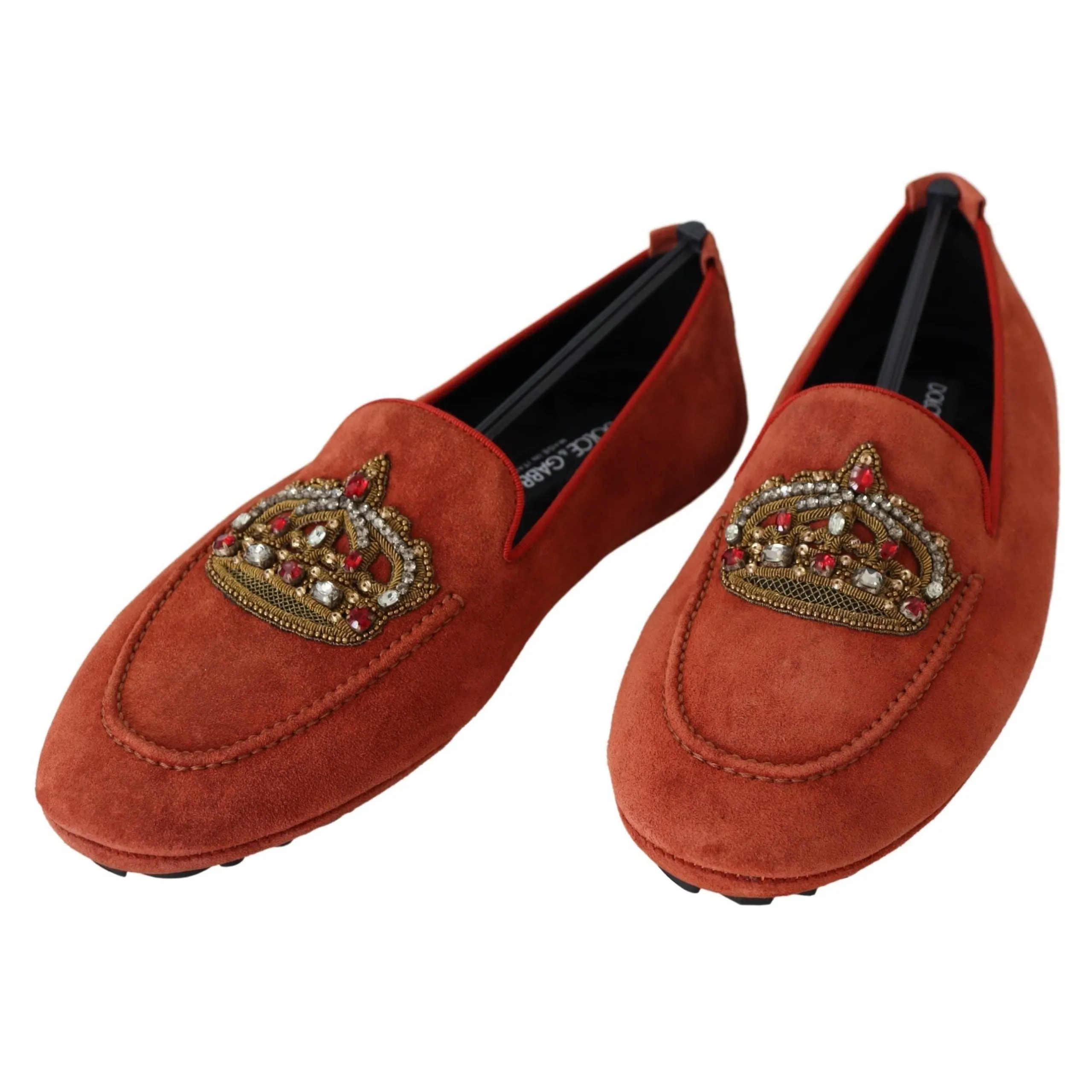 Dolce & Gabbana Opulent Orange Leather Loafers with Gold Embroidery