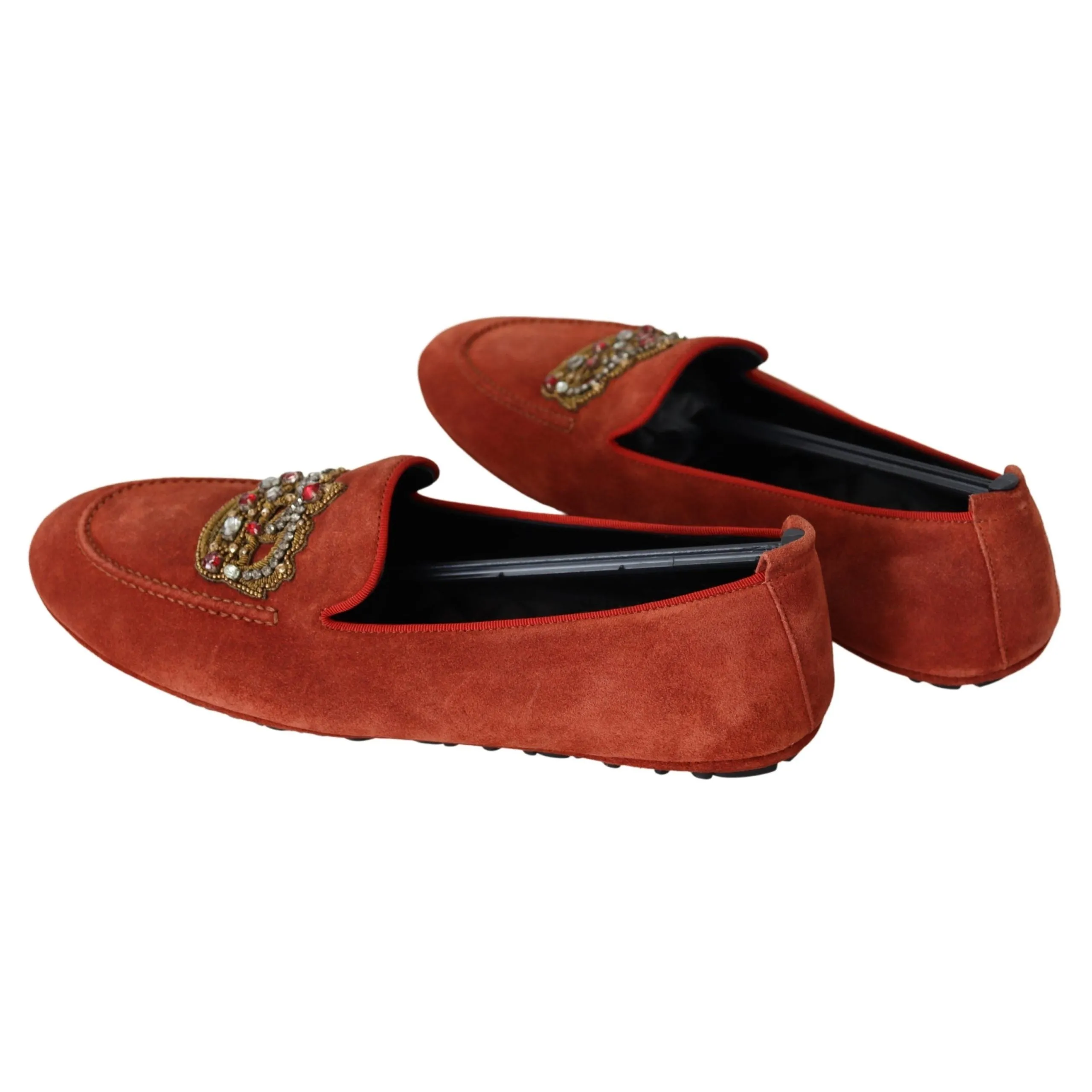 Dolce & Gabbana Opulent Orange Leather Loafers with Gold Embroidery