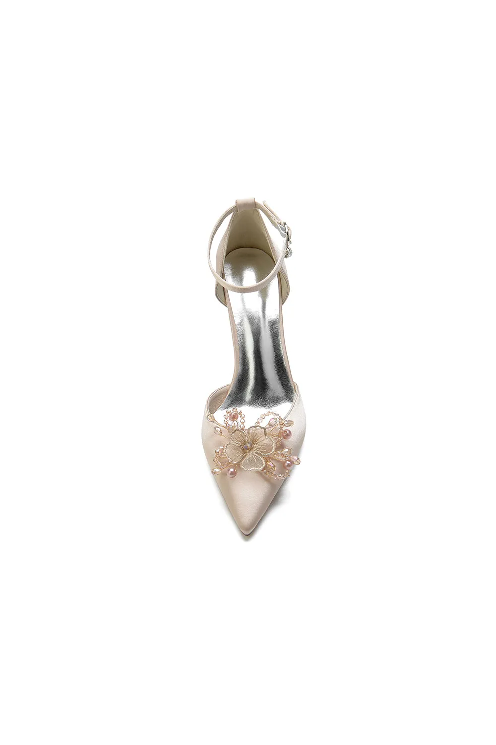 Pointed Toe Crystal Flower Ankle Strap Stiletto Heels