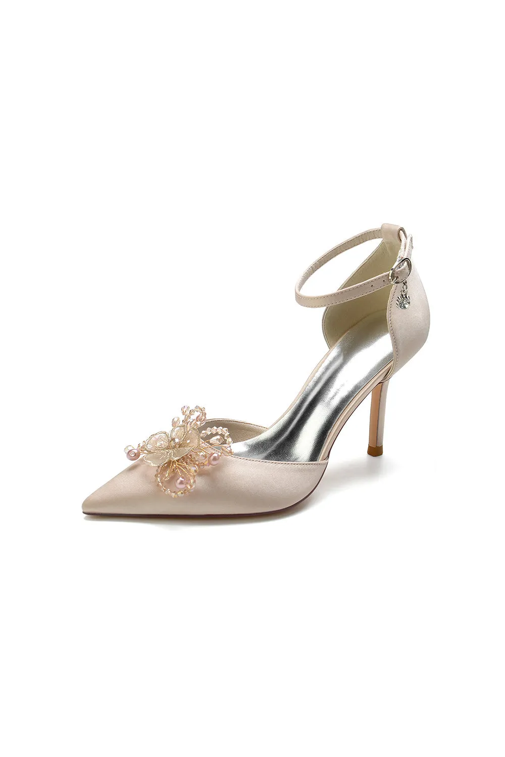 Pointed Toe Crystal Flower Ankle Strap Stiletto Heels