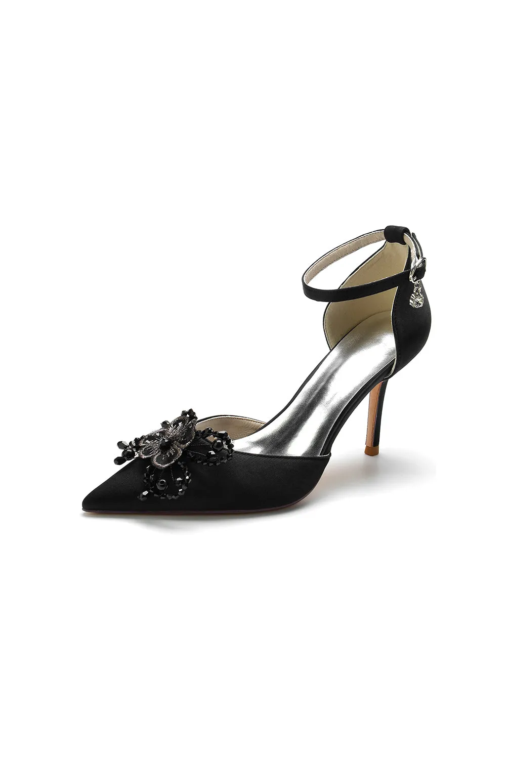 Pointed Toe Crystal Flower Ankle Strap Stiletto Heels
