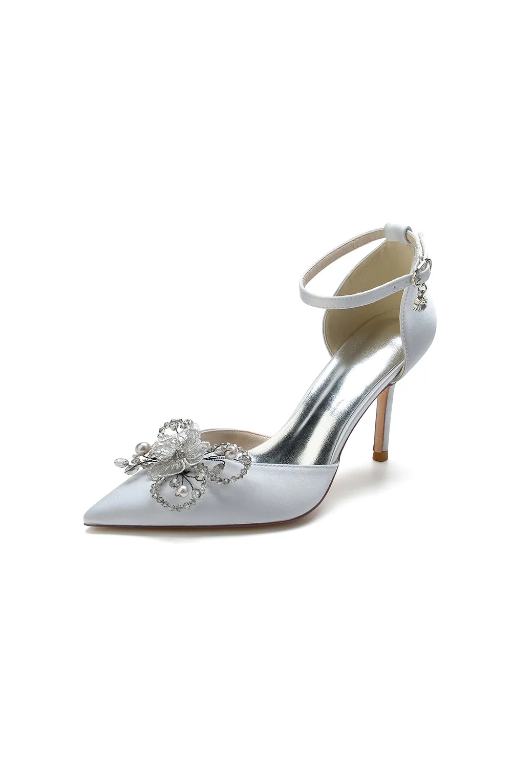 Pointed Toe Crystal Flower Ankle Strap Stiletto Heels