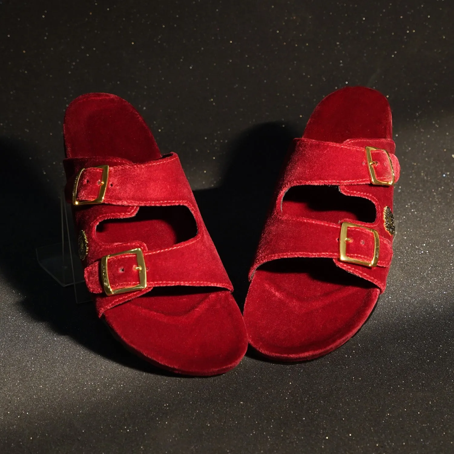 Red Italian Velvet Slippers with Adjustable Buckle Strap