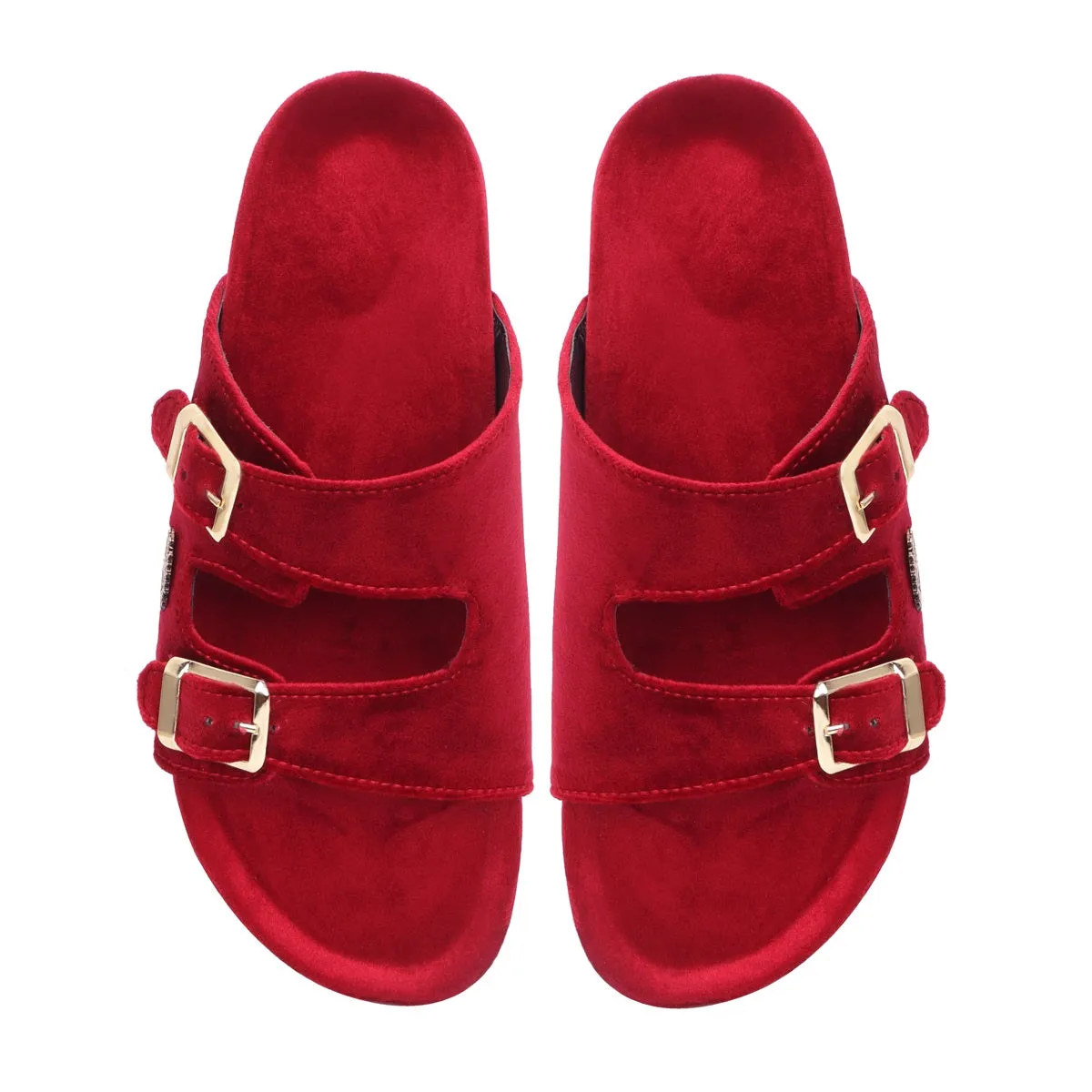 Red Italian Velvet Slippers with Adjustable Buckle Strap
