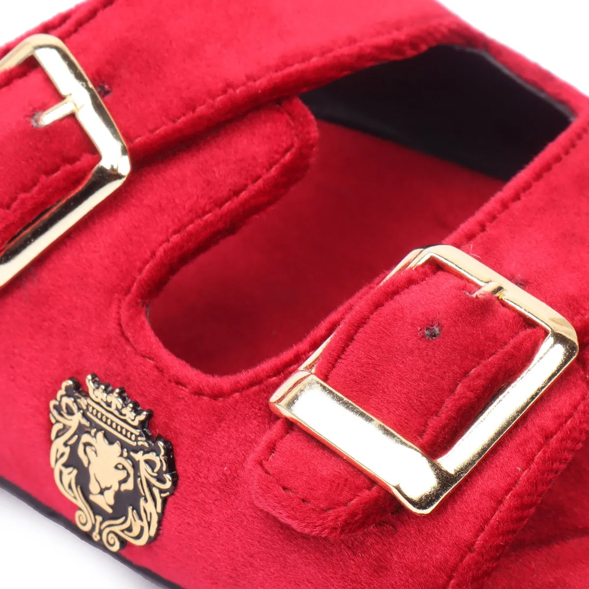 Red Italian Velvet Slippers with Adjustable Buckle Strap