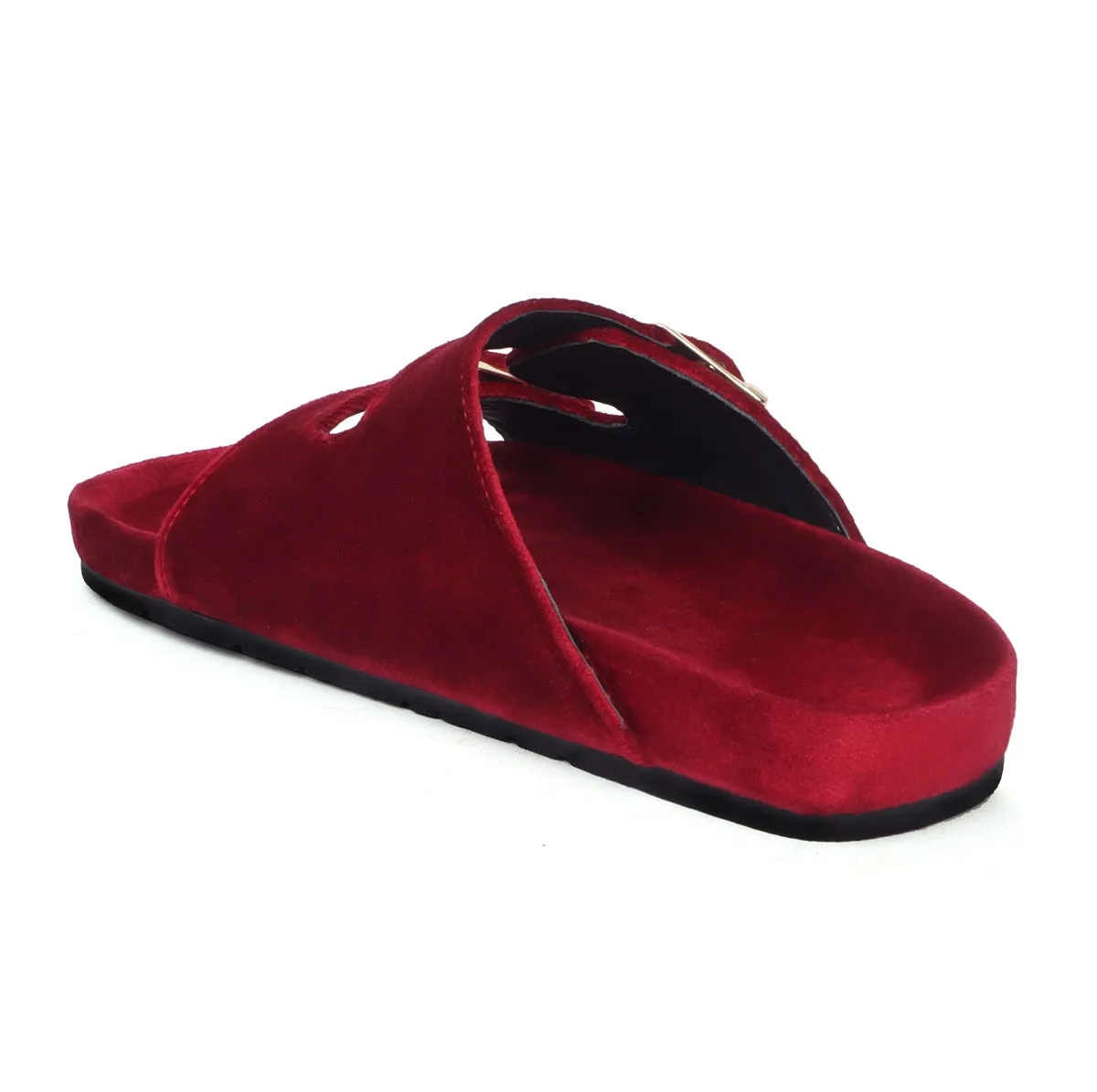 Red Italian Velvet Slippers with Adjustable Buckle Strap