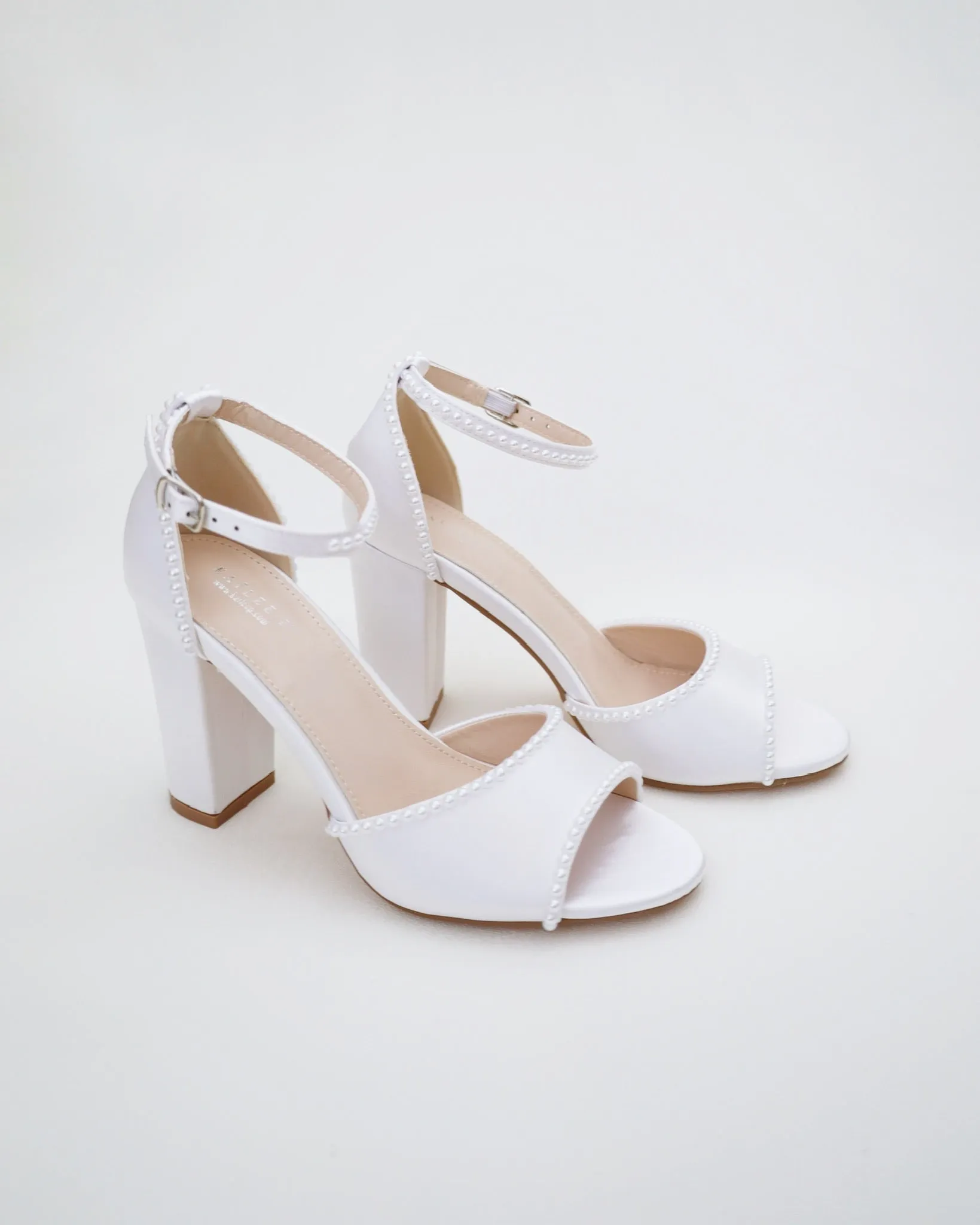 Satin Block Heel Wedding Sandals with Mini Pearls