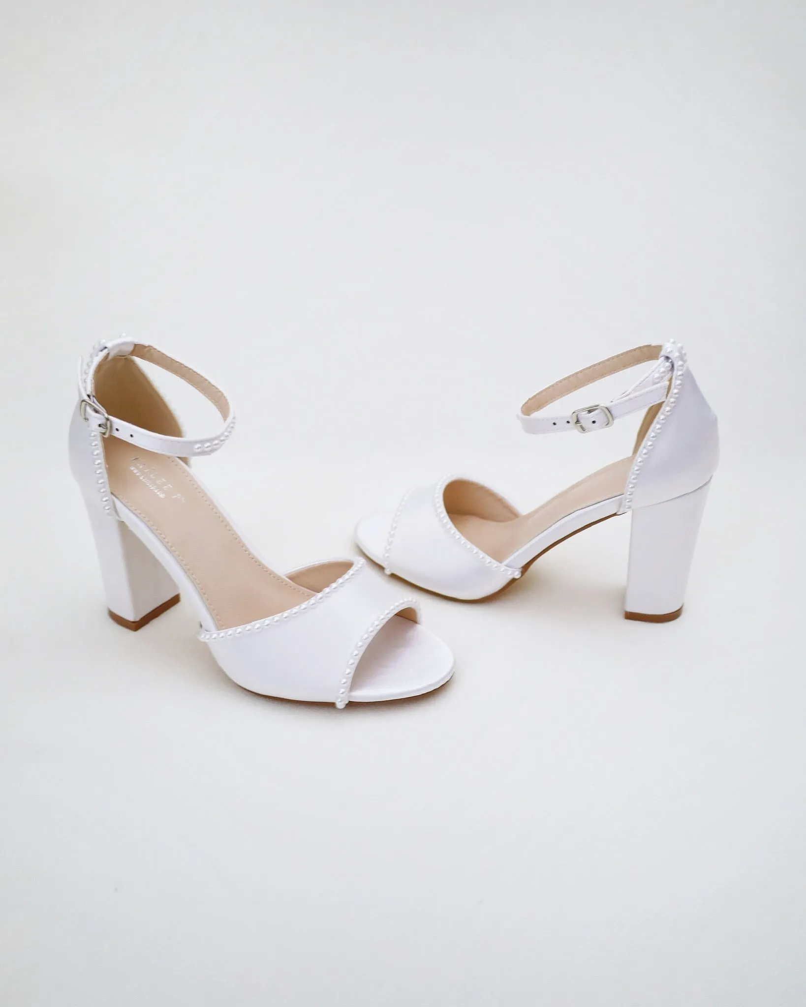 Satin Block Heel Wedding Sandals with Mini Pearls