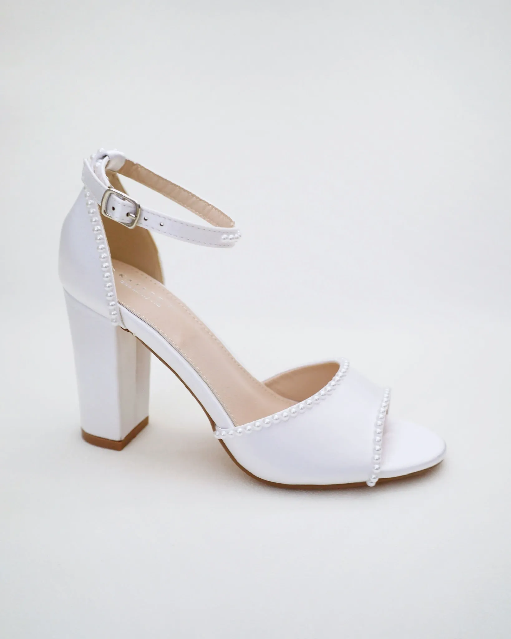 Satin Block Heel Wedding Sandals with Mini Pearls