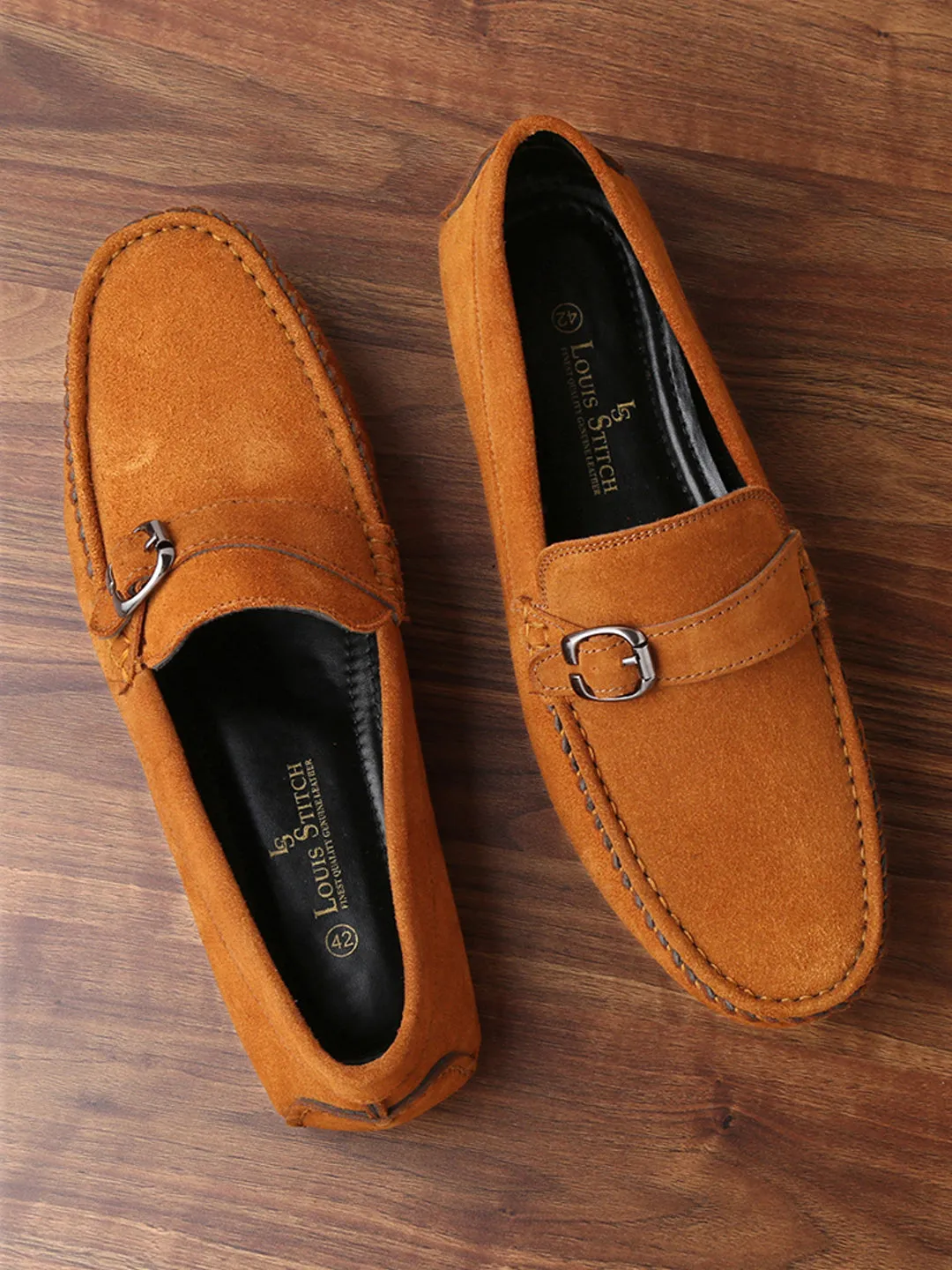 Tortilla Brown Handmade Italian Suede Leather Solid Penny Loafers with Buckle