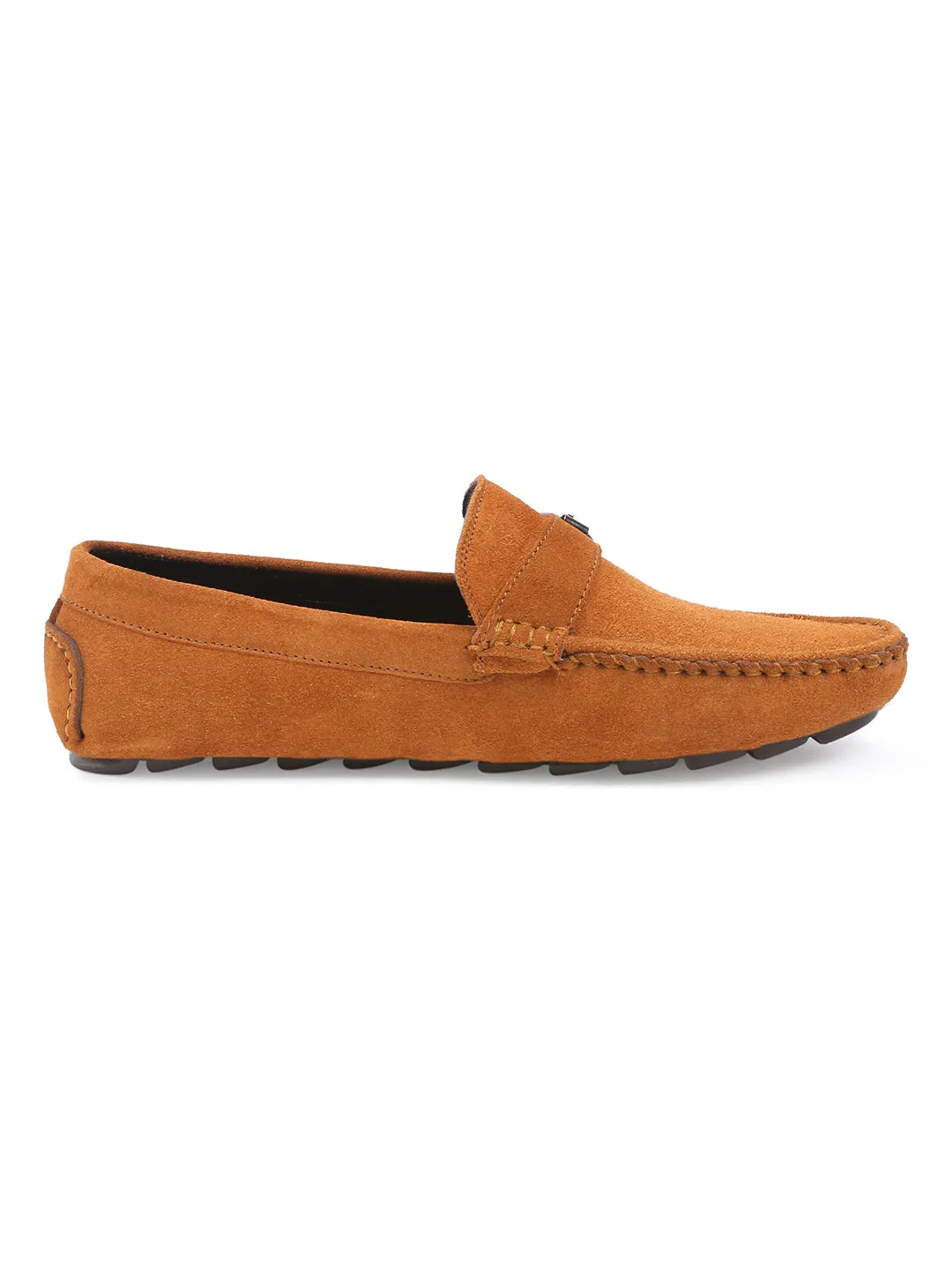 Tortilla Brown Handmade Italian Suede Leather Solid Penny Loafers with Buckle