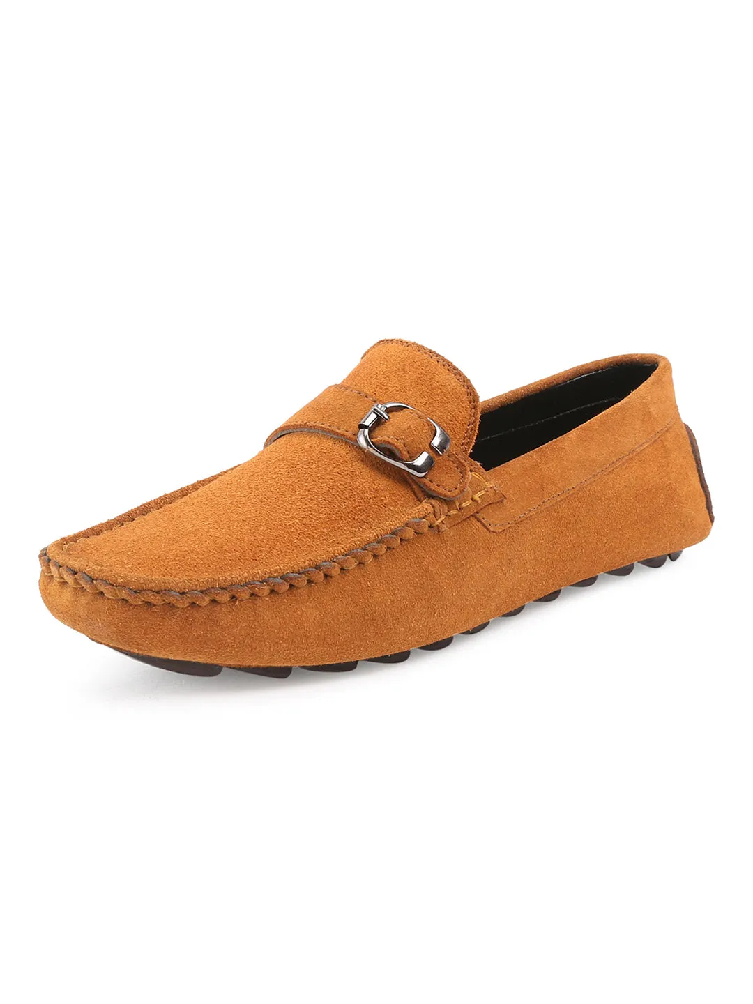 Tortilla Brown Handmade Italian Suede Leather Solid Penny Loafers with Buckle