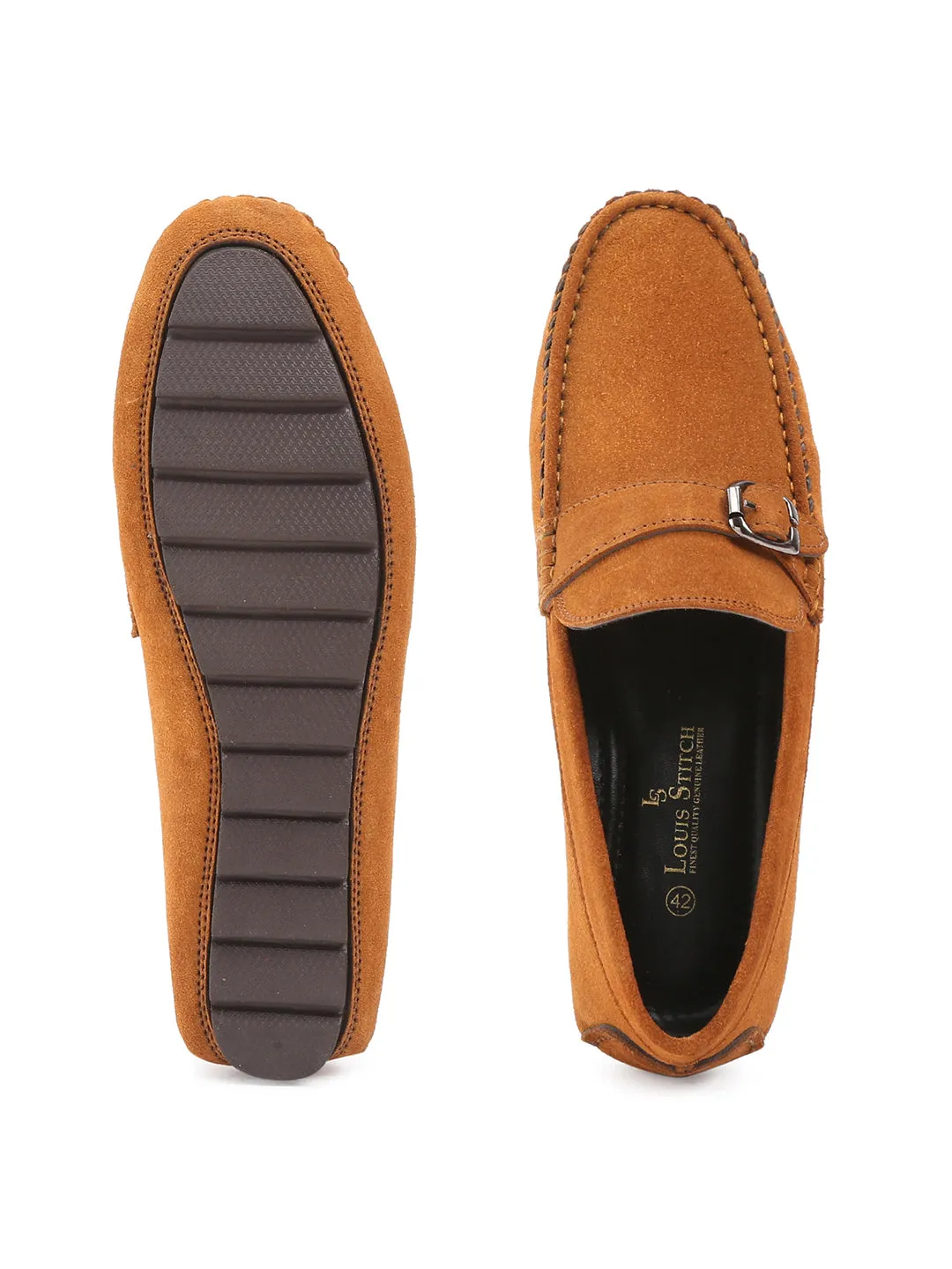 Tortilla Brown Handmade Italian Suede Leather Solid Penny Loafers with Buckle