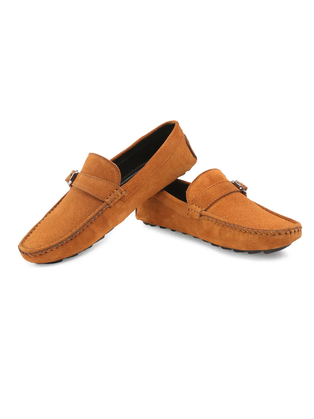 Tortilla Brown Handmade Italian Suede Leather Solid Penny Loafers with Buckle