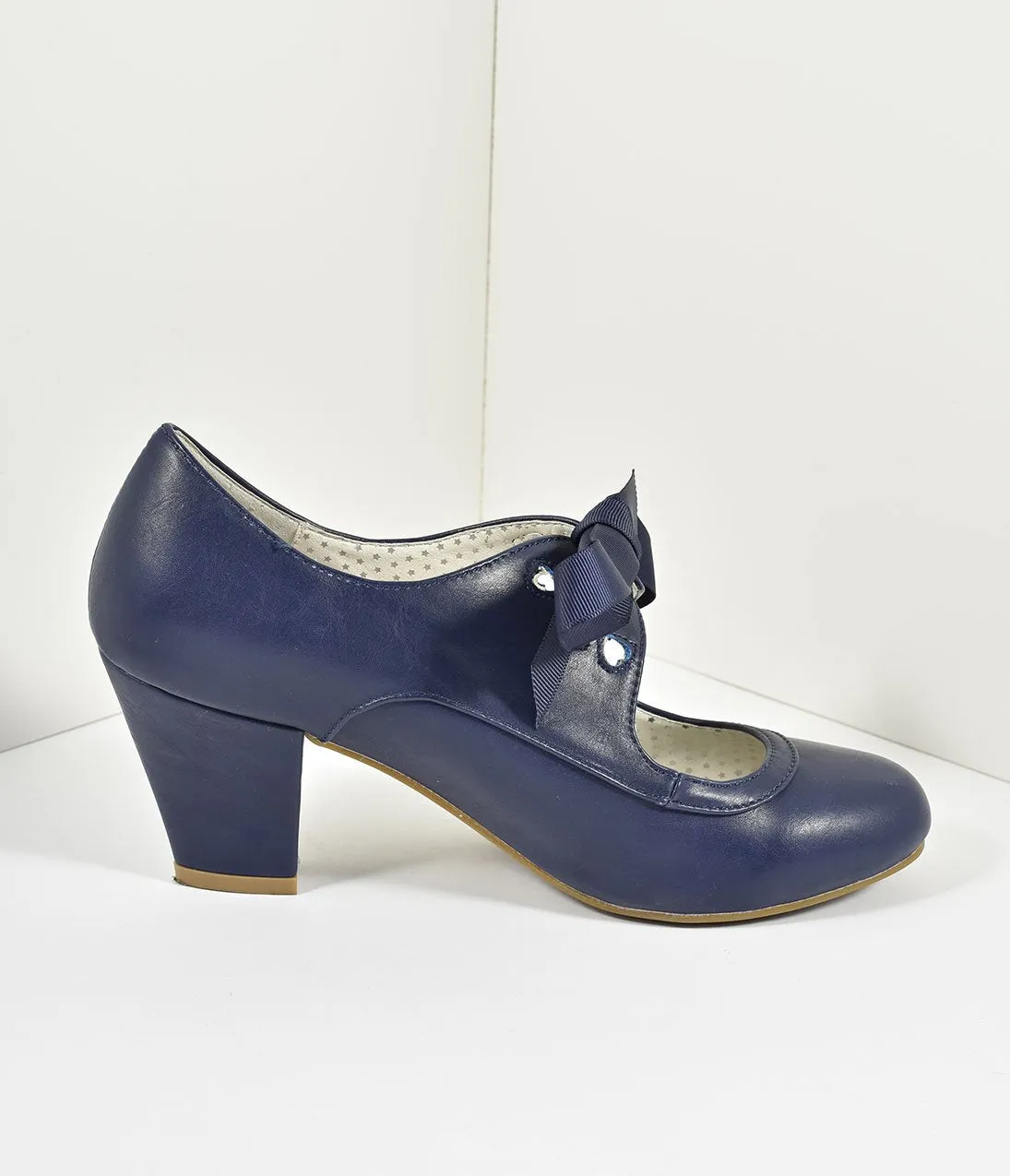 Vintage Style Navy Blue Leatherette Mary Jane Bow Wiggle Heels