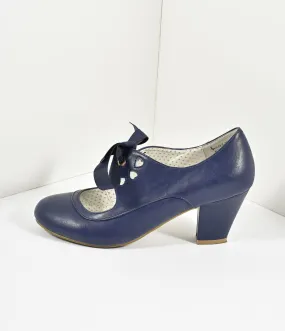 Vintage Style Navy Blue Leatherette Mary Jane Bow Wiggle Heels