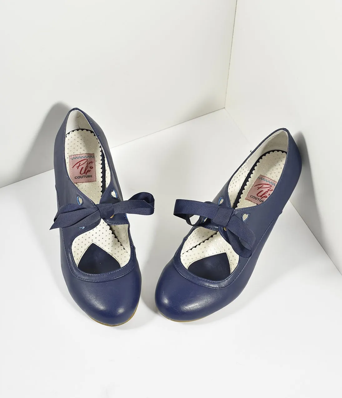 Vintage Style Navy Blue Leatherette Mary Jane Bow Wiggle Heels