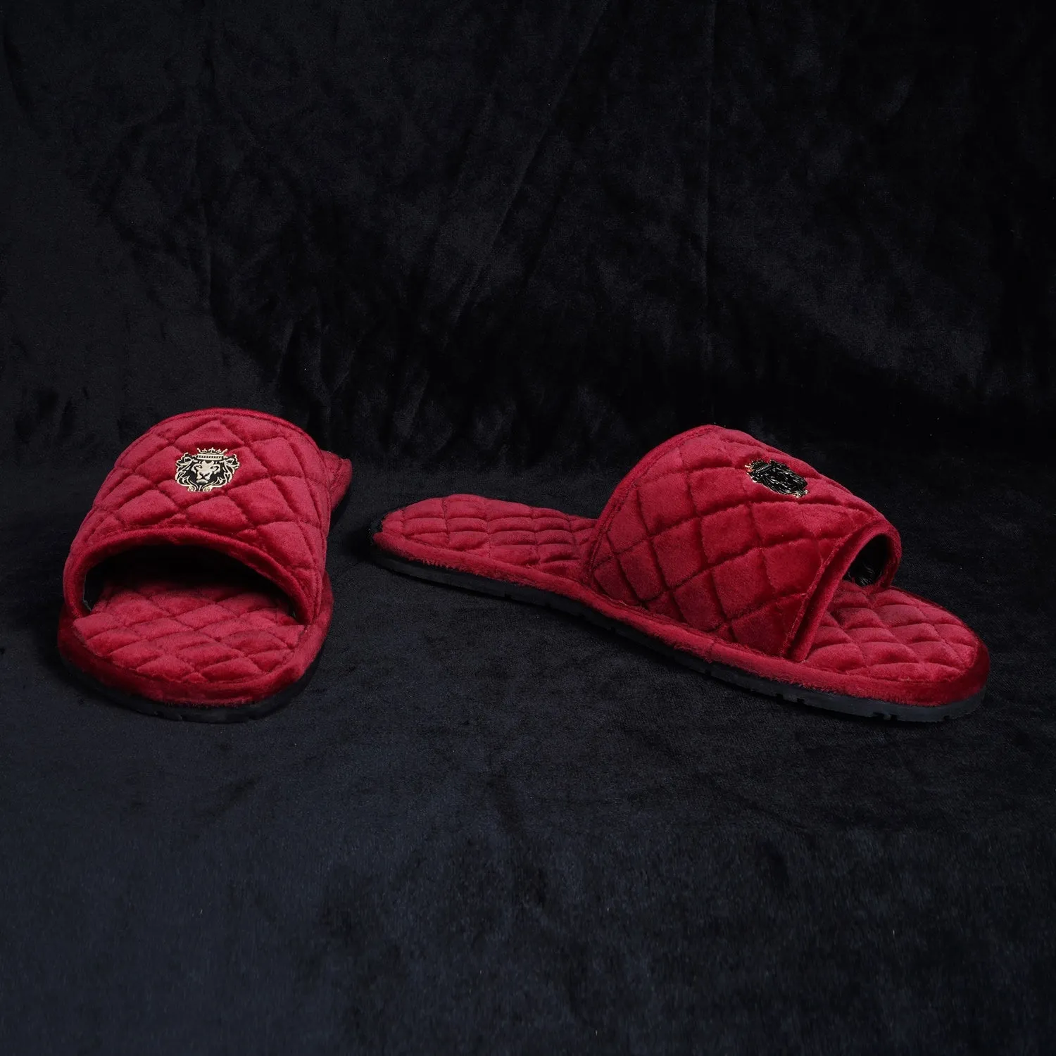 Women's Red Full Quilted Stitched Super Soft Italian Velvet Slide-in Slippers By Brune & Bareskin
