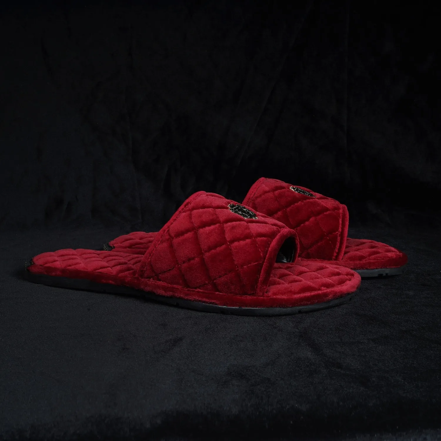 Women's Red Full Quilted Stitched Super Soft Italian Velvet Slide-in Slippers By Brune & Bareskin