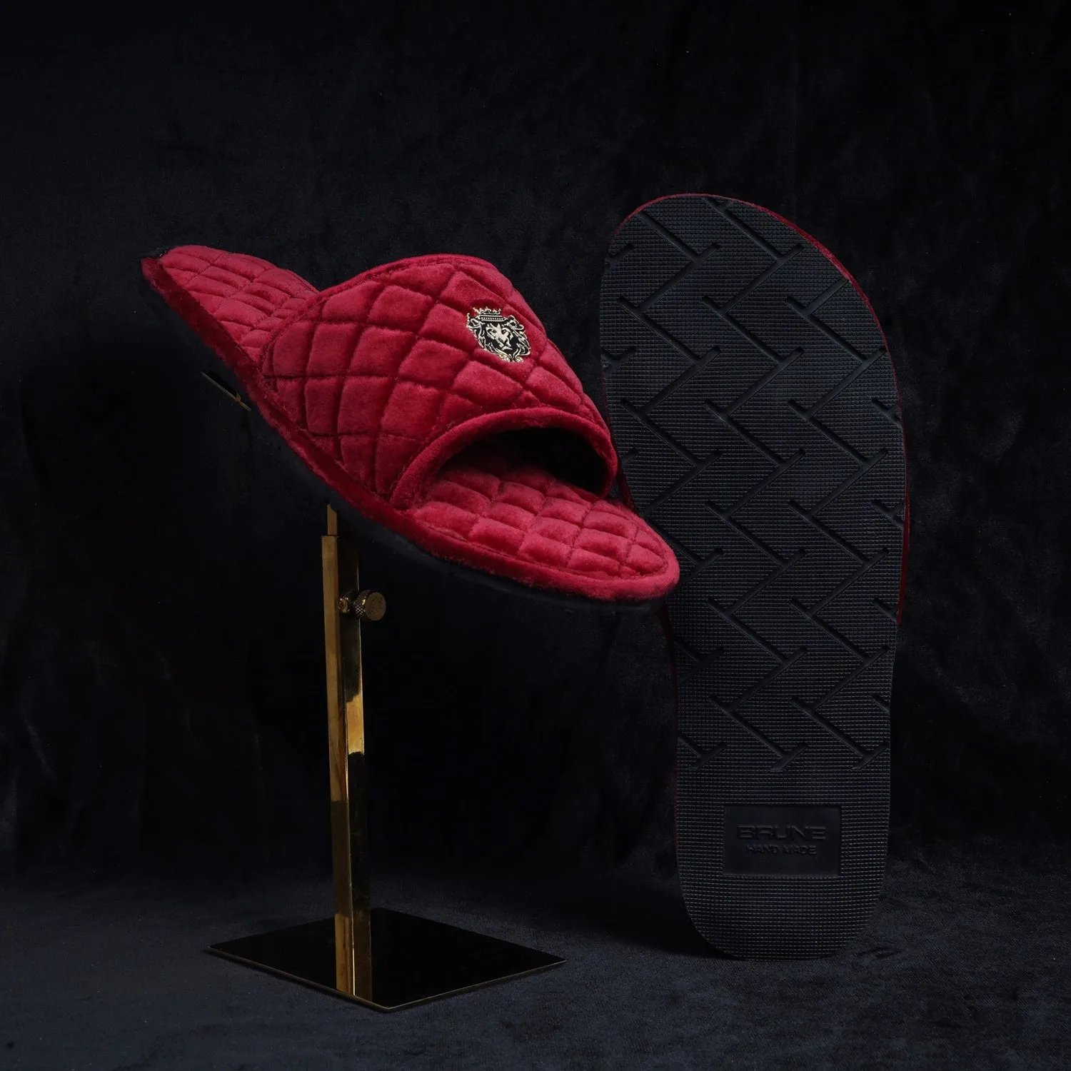 Women's Red Full Quilted Stitched Super Soft Italian Velvet Slide-in Slippers By Brune & Bareskin