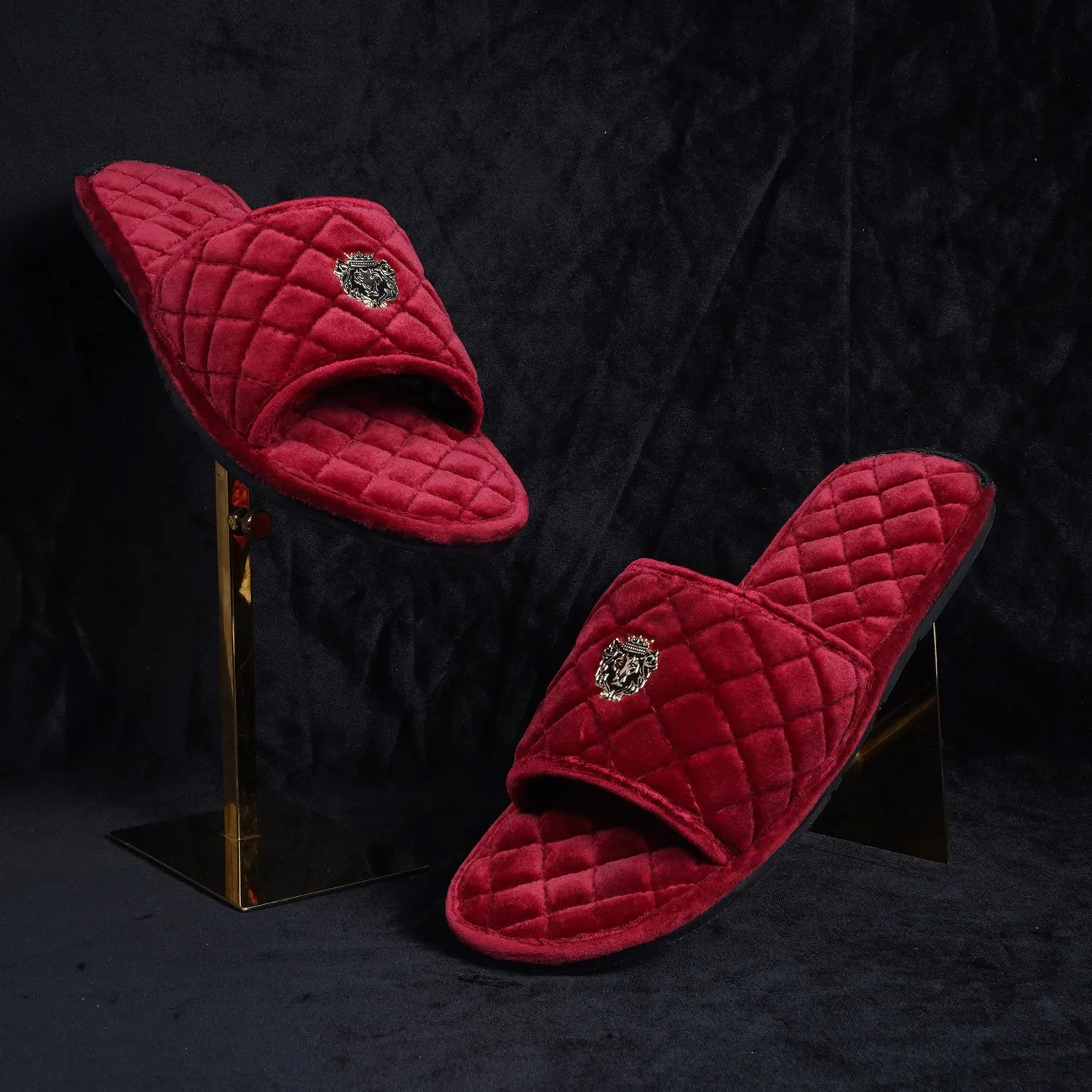 Women's Red Full Quilted Stitched Super Soft Italian Velvet Slide-in Slippers By Brune & Bareskin
