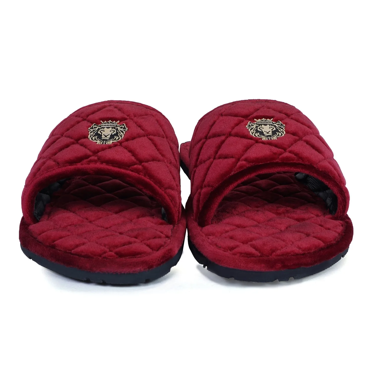 Women's Red Full Quilted Stitched Super Soft Italian Velvet Slide-in Slippers By Brune & Bareskin